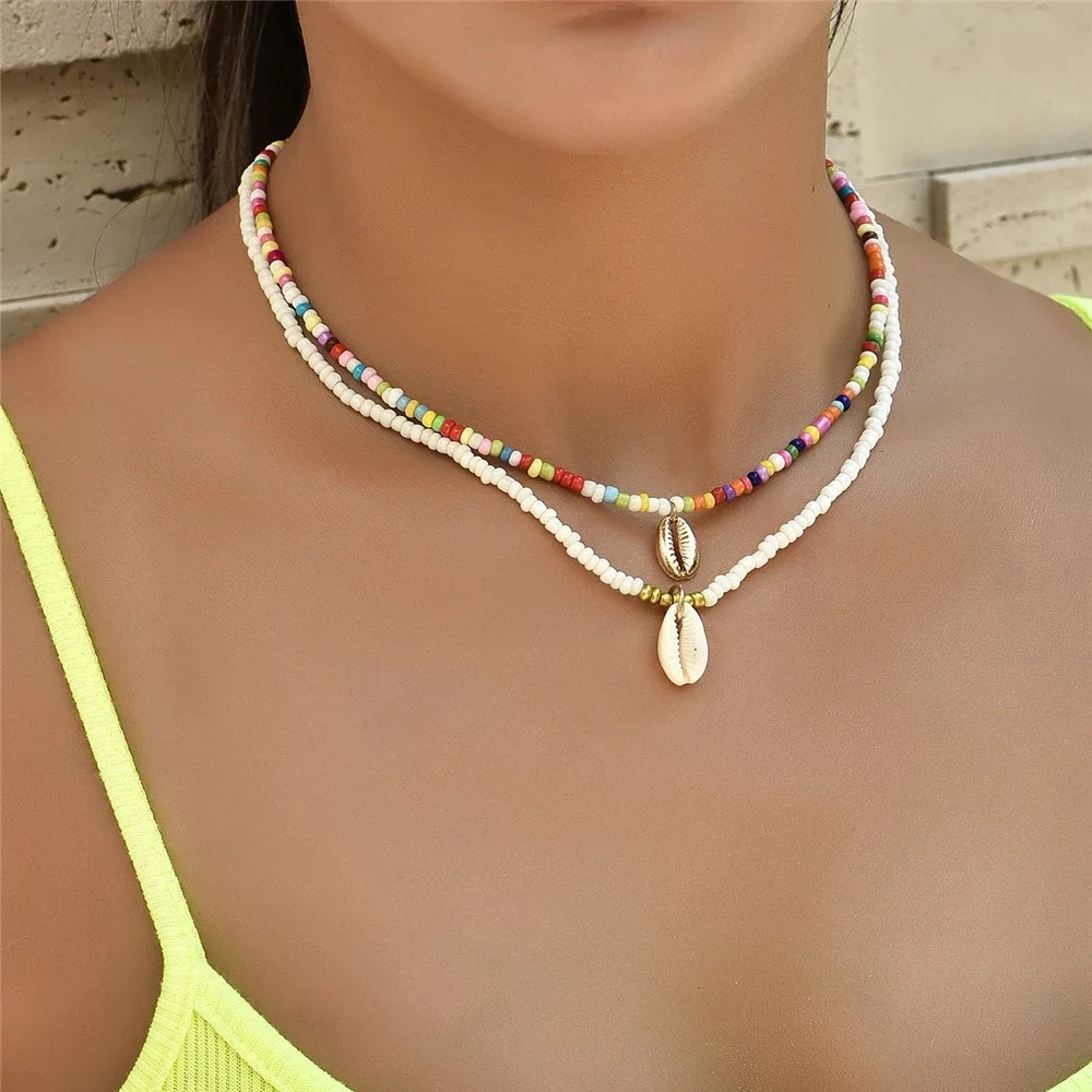 Boho Fashion Rustic Colorful Rice Bead Chain Beach Shell Pendant Necklace For Women Female Vintage Multilevel Choker Jewelry