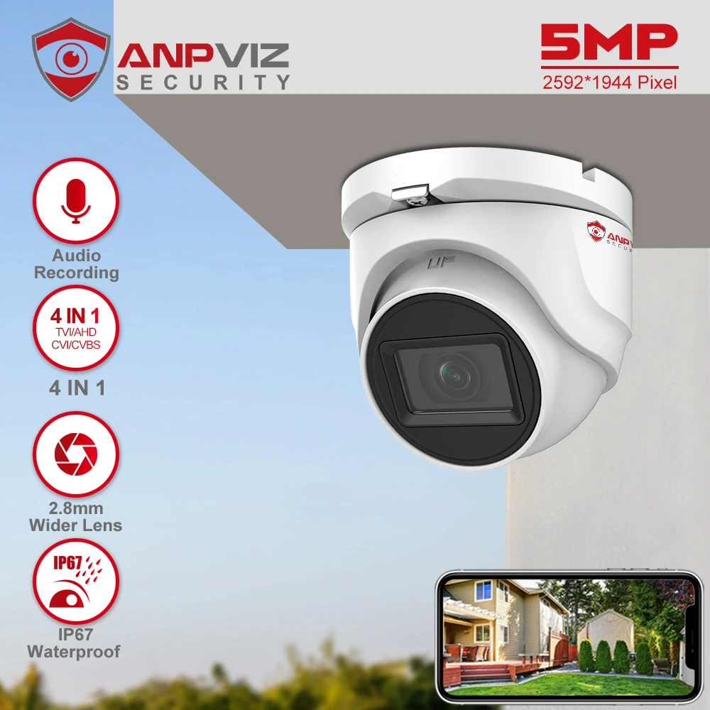 Anpviz 5MP Analog CCTV Camera HD 4-in-1 (TVI/AHD/CVI/CVBS) Turret Surveillance Camera Metal Housing IP67 Waterproof 2.8mm Lens