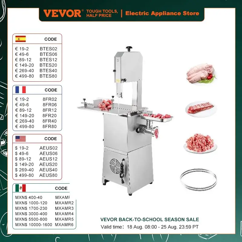 

VEVOR Commercial Electric Meat Bandsaw Stainless Steel Vertical Bone Sawing Machine Workbeach with 2 Blades for Rib Pork Beef