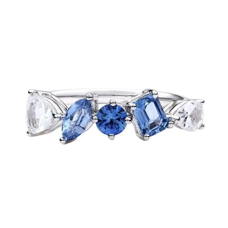 Light Luxury Gradient  Sea Blue Crystal Irregular Rings for Women New in Ideas High Quality Simple Wind Droplet Silver Jewelry