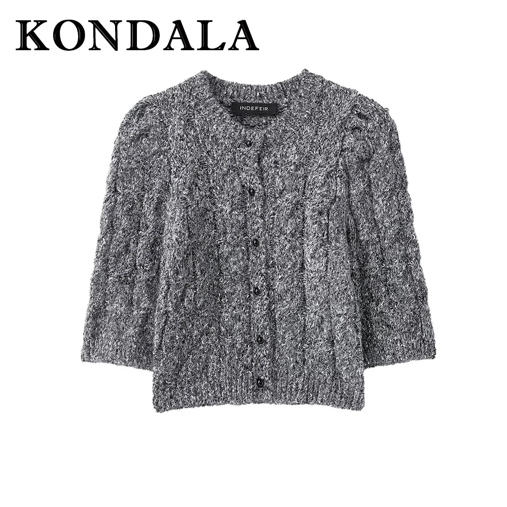 KONDALA Chic Grey Fashion 2025 Knit Half Puff Sleeve Elegant Straight O-Neck Sweater Casual Female Streetwear Commute Knitwear