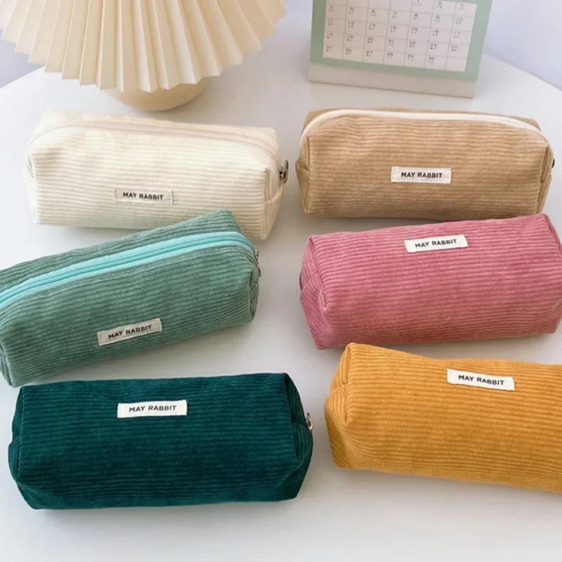 Vintage Corduroy Pencil Case Large Capacity Aesthetic kawaii Pen Bags Stationery Storage Pouch Big Pocket for School Girls Boys