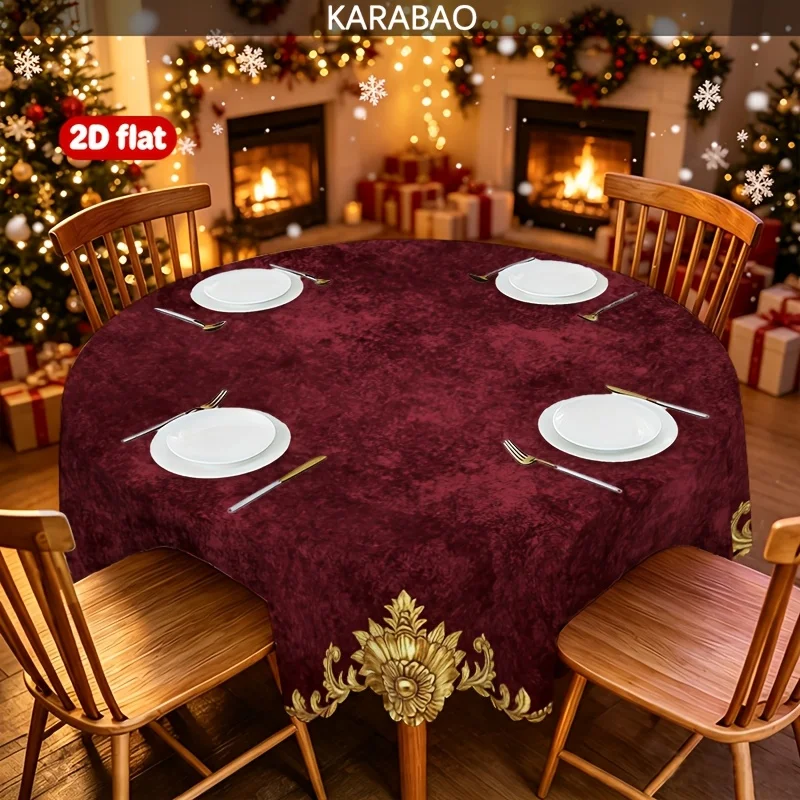 1 burgundy velvet round tablecloth, gold baroque floral curled tablecloth