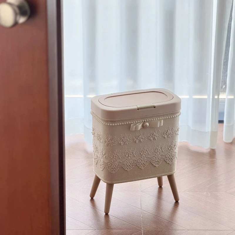 Cream Style Press-Top Trash Can, High-Aesthetic Lidded Waste Bin, Cotton Linen Embroidered Bin, Home Bedroom Decorative Bin