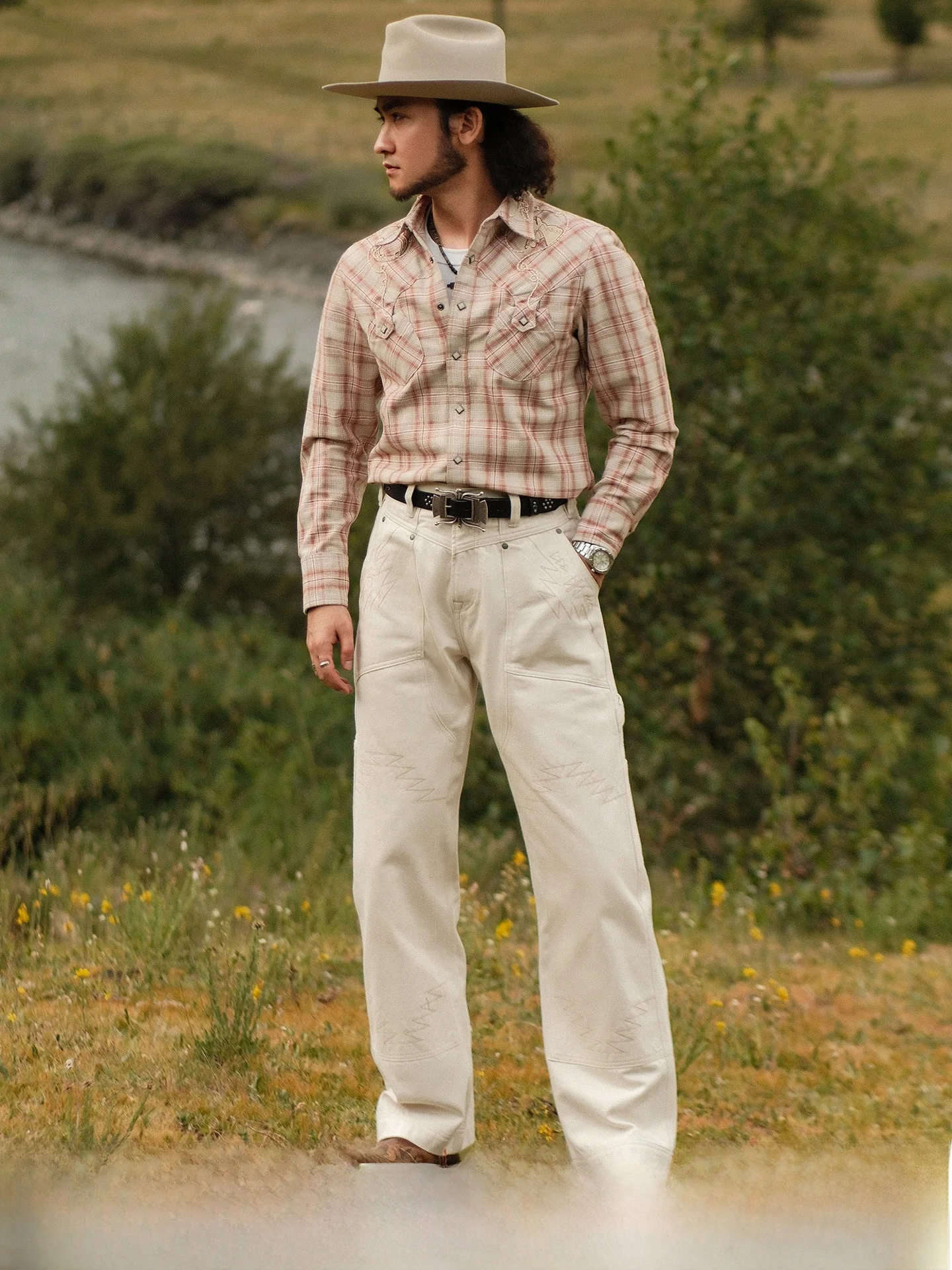 

Индийский ацтекский тотем с вышивкой 4 унции, белый хлопковый комбинезон с узкой талией, молодежные джинсы с высокой талией и двойными коленямиMBBCAR