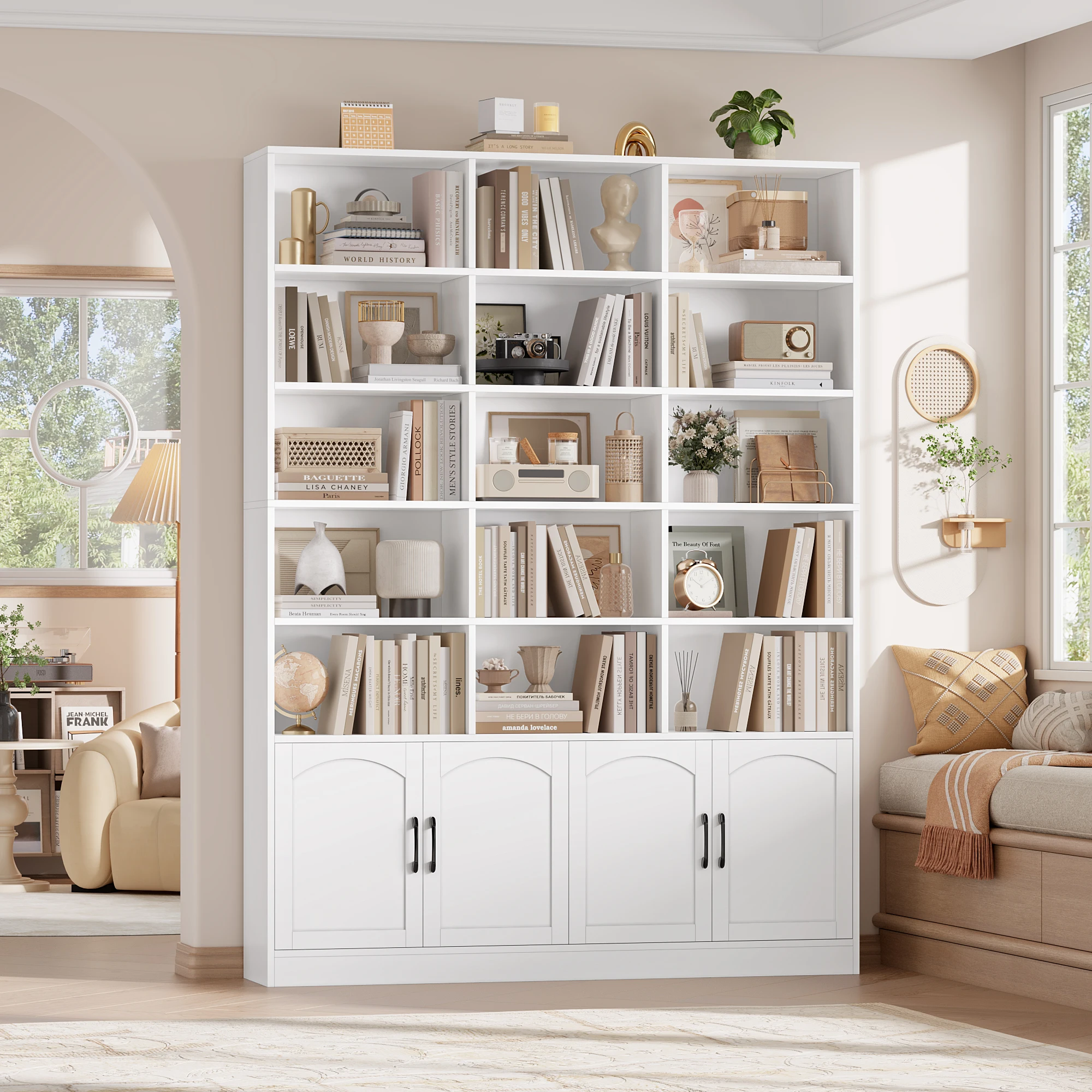 Getone Bibliothèque , Bibliotheque Meuble de Rangement avec 15 étagères, 4 portes, étagère de rangement Bibliothèques pour salon, bureau, cuisine, 150 x 23,7 x 209 cm