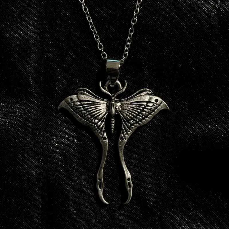 Gothic Punk Ancient Silver Moon Moth Pendant Necklace for Men Women Halloween Witch Daily Wear Alternative Jewelry Accessories