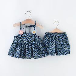 Summer 2-piece/set girl's suspender set baby girl full of small chrysanthemum print suspender shorts set