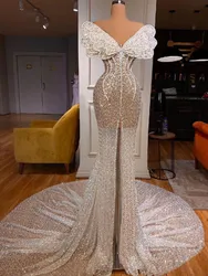 Sexy Mermaid Wedding Dresses Sleeveless V Neck Sequins Appliques 3D Lace Front Slit Beads Pearls Plus Size Bridal Gowns Dress