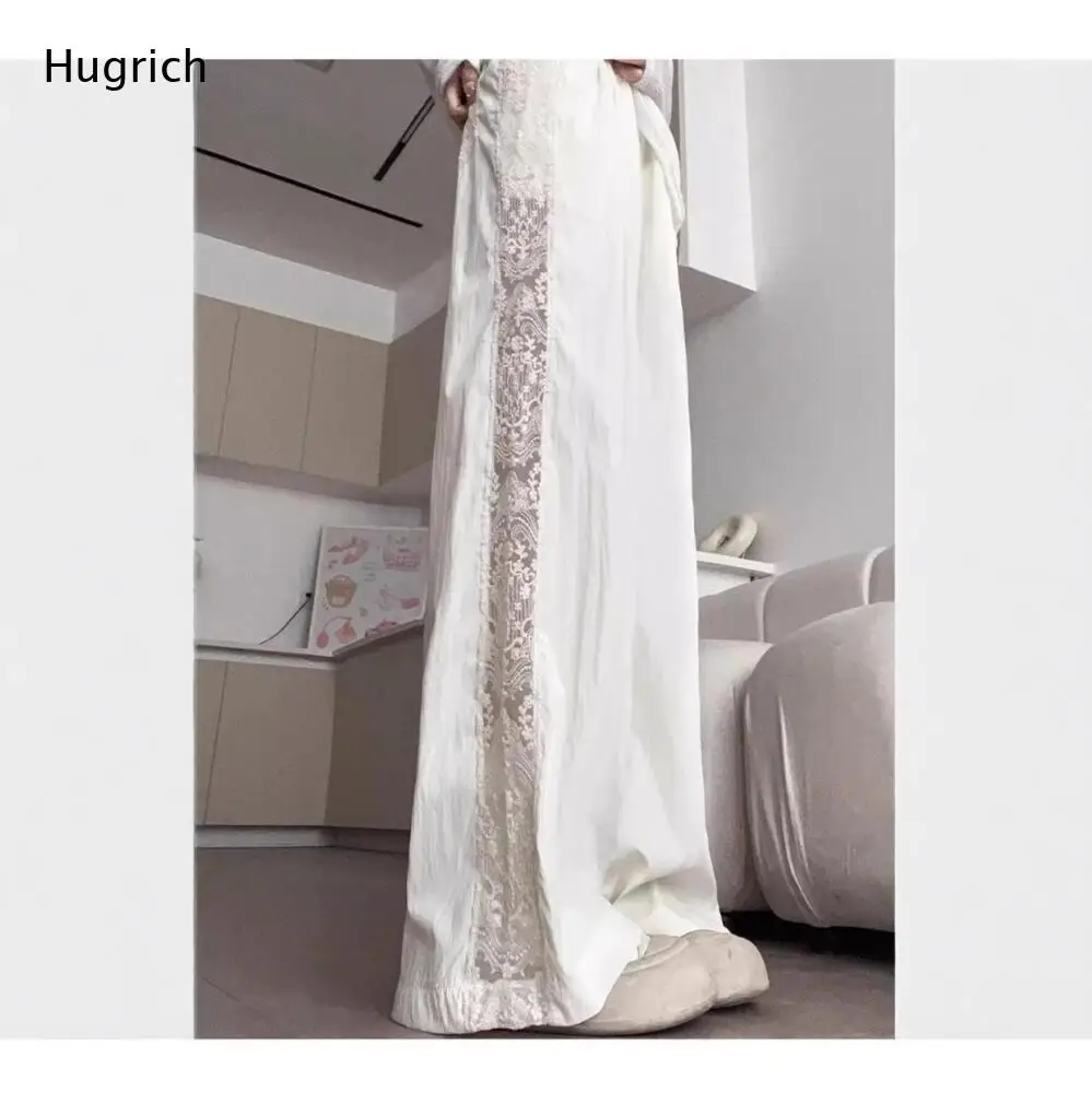 Loose Wrinkle Casual Wide Leg Pants Women Elastic High Waist Side Lace Trim Light Blue Breathable Floor Straight Trousers