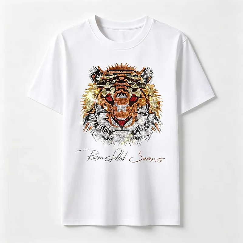 High-quality women's cotton crew neck short-sleeve with rhinestone tiger head design, unisex