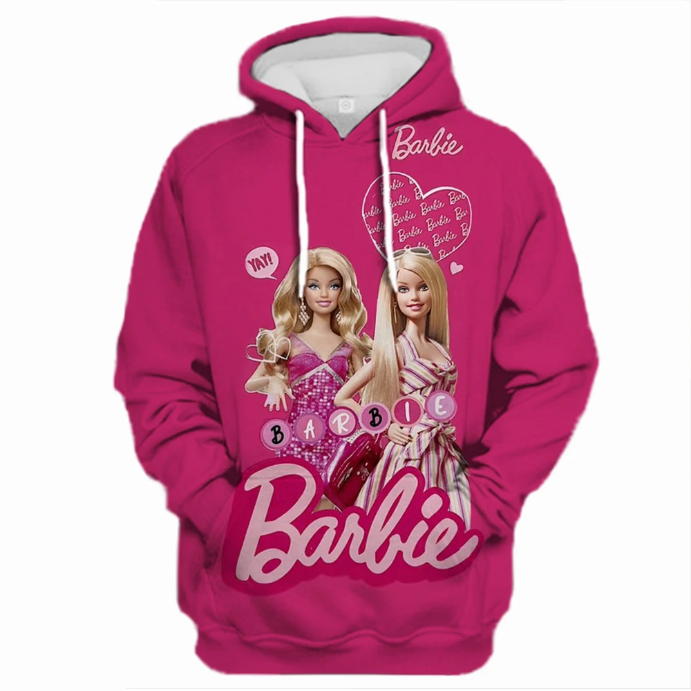 

2024 years cartoon cute pink barbie princess elements spring and autumn new 3d print hoodie with rope ladies girls plus size top