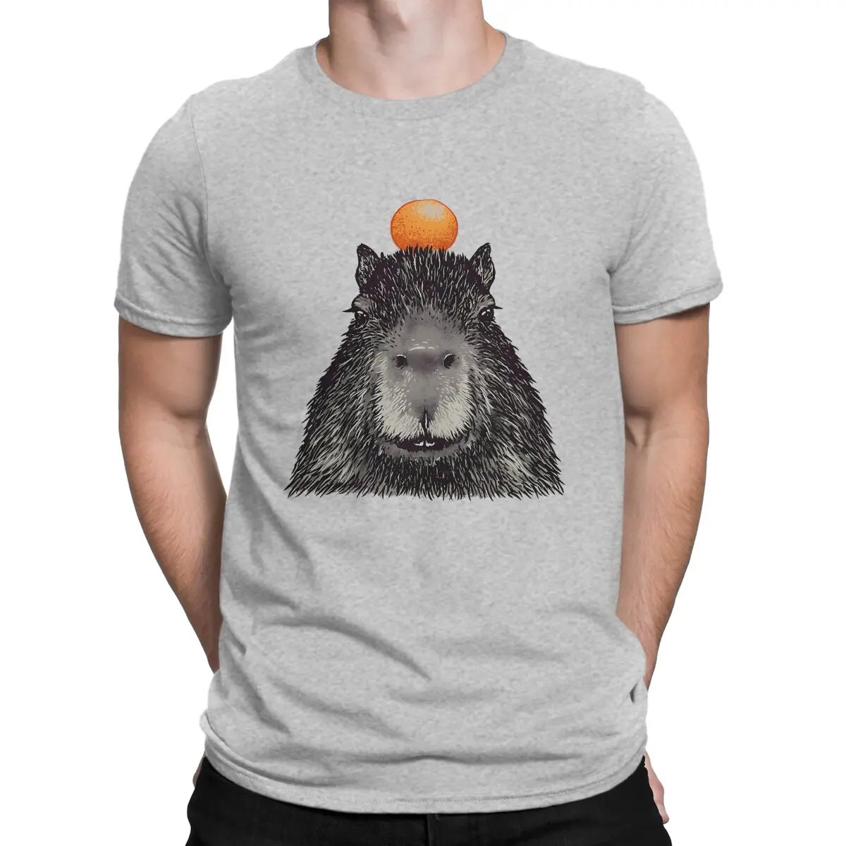 Capybara Creative TShirt for Men With Orange On Head  His Name Gort Portrait Round Collar Basic T Shirt Distinctive Gift Clothes