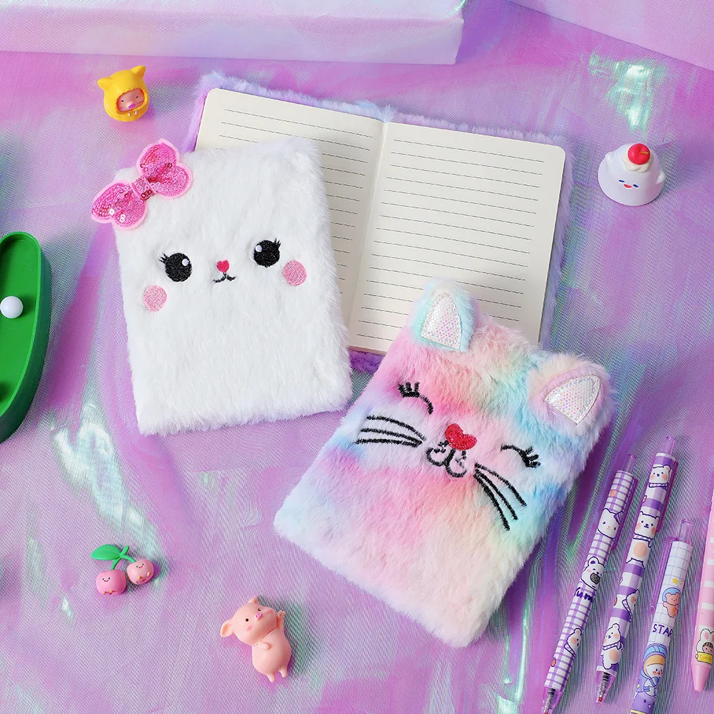 Cartoon Plush Mini Notebook Cute Cat Embroidery Journal Book Kawaii Portable Pocket Notepad Stationery Office School Supplies