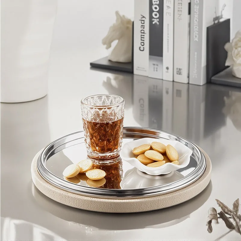 Luxury Leather Tray Premium Mirror‑Polished Stainless Steel Serving Platter Tabletop Decor Organizer for Hotel Home Ornament