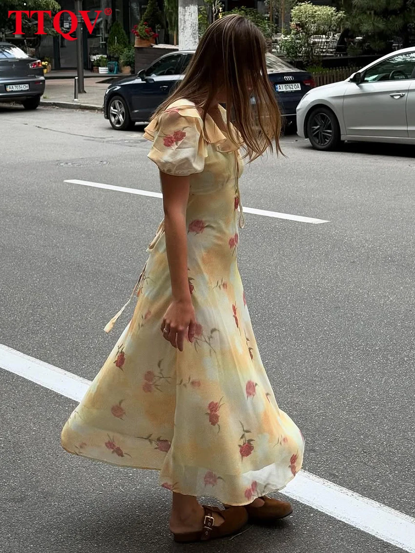 

TTQV Sexy Loose Print Womens Dresses 2026 Summer Lapel Short Sleeve Ankle Length Dress Elegant Classic Lace-Up Female Dress