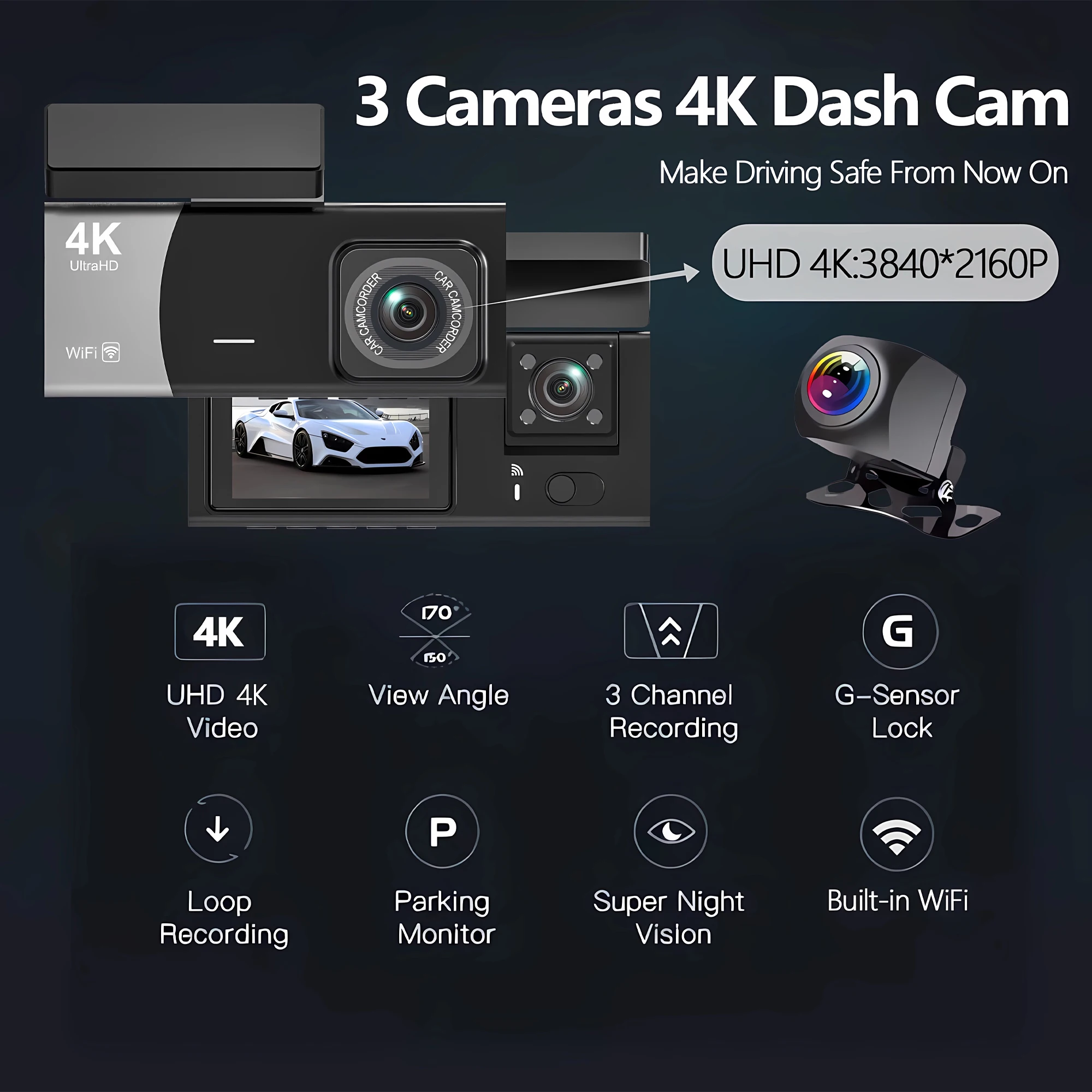 3 Channel 4K 2160P Dash Cam Car Front Inside And Rear WiFi Car Camera With APP Control Night Vision 24H Parking Mode Dashcam