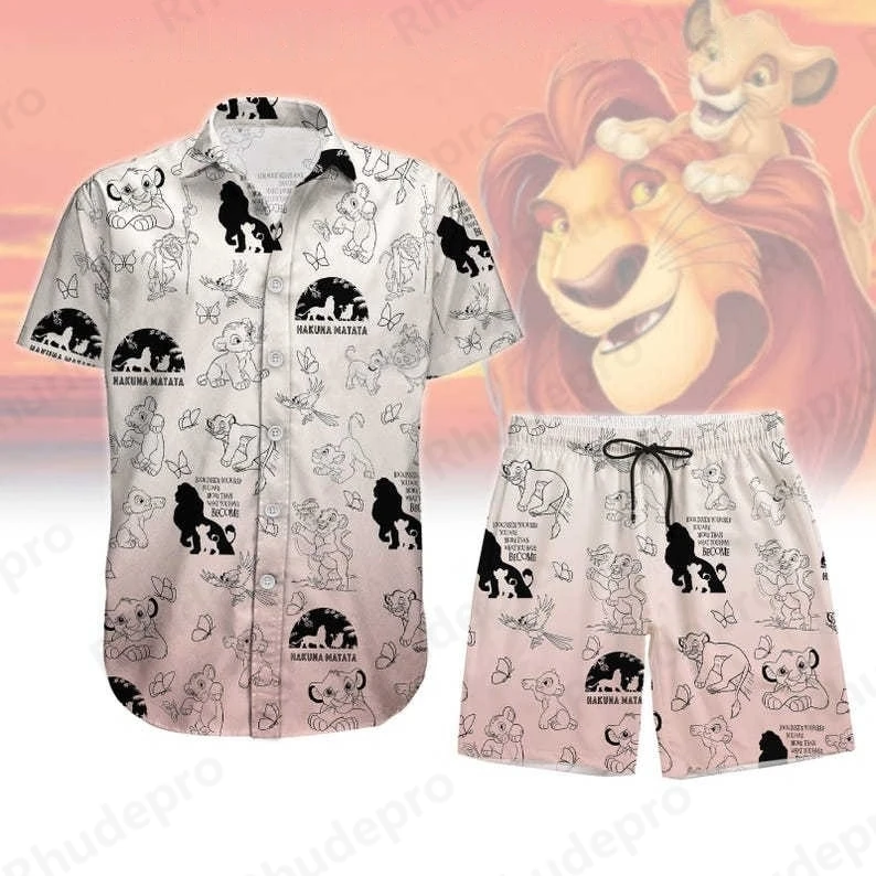 

Disney The Lion King Simba Hawaiian Shirt Suit Beach Shorts Men's Womens Summer Casual Vacation Short Sleeve Shirt Pants Set