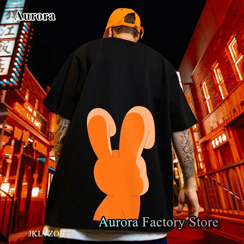 2024 New Summer Men Orange Rabbit Graphic T-Shirt Casual Tops Tees Male Fashion Clothing Short Sleeve Cotton Tshirt Solid
