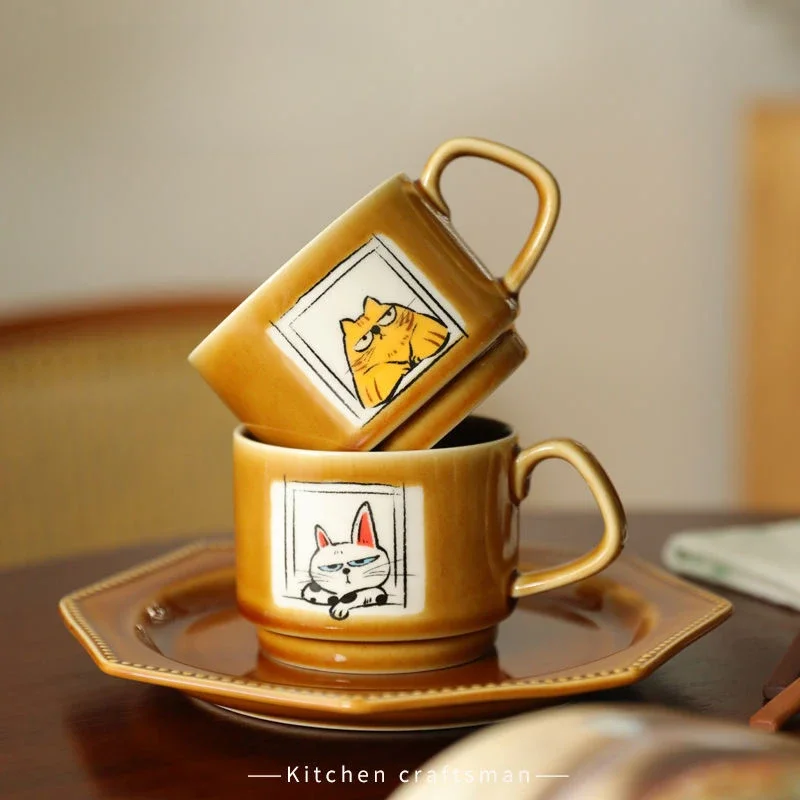 Hand-drawn Cartoon Cat Ceramic Mug Creative Office Water Cup Home Breakfast Milk Cup Couple Afternoon Tea Coffee Cup Friend Gift