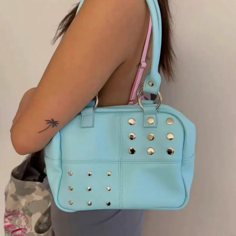 

Y2k Rivet Decor Motorcycle Bag Korean Vintage Stylish Shoulder Bag Minimalist Solid Color Underarm Bag Daily Commute Handbag