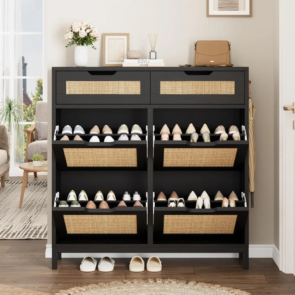 

Entryway Shoe Cabinet Storage - Black Rattan Shoe Organizer with 4 Flip Drawers, Narrow Hidden Shoe Rack for Foyer, Hallway