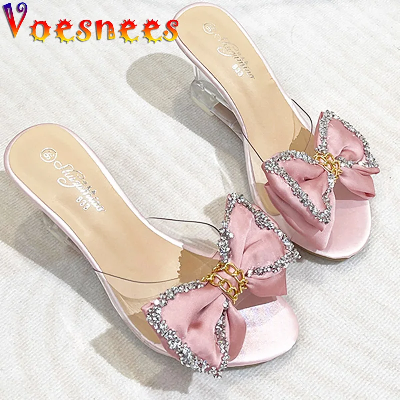 New High Heels Summer Slippers Fashion Elegant Party Transparent Women Shoes Satin Big Bow Wedge Sandals 8CM Pink Pumps Size 43