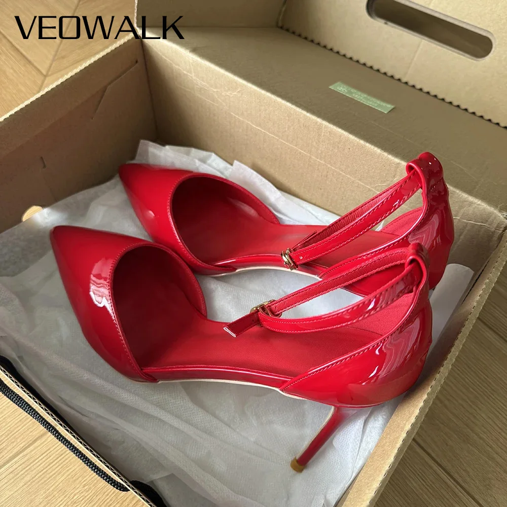 

Гламурные красные туфли-лодочки из лакированной кожи с острым носком на шпильке и ремешком на щиколотке D'orsay, женские туфли-лодочки с острым носком на высоком каблуке 12 см