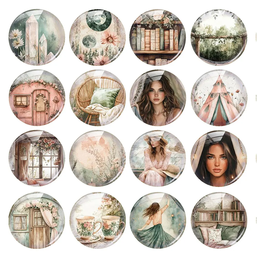 Random Mixed Round/Oval/Square Boho Bohemian Forest Women Camp Photo Glass Cabochon Flatback Demo Cameo For Diy Jewelry Making