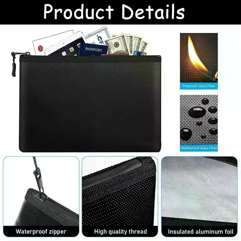 Multi-size Fireproof & Waterproof Bag Small Size ID Card Storage Bag With Zipper For Certificates Money Cards(black,silver) 1PC - view 3