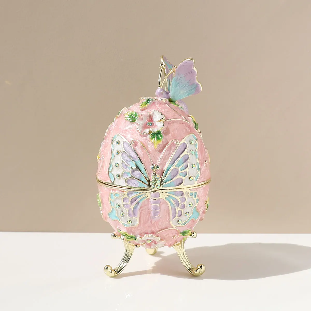 Hand Enamel Painted Decorative Faberge Hinged Jewelry Trinket Box - butterfly and flower cover ornaments ,Valentine's Day