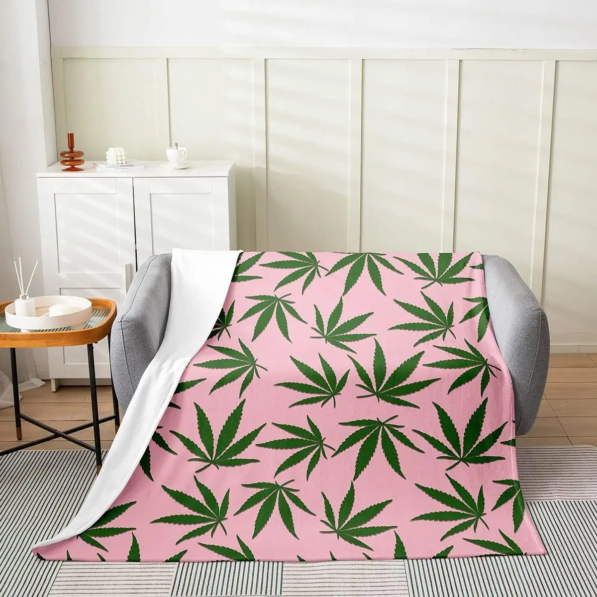 

Leaf Fleece Throw Blanket for Bed Sofa Couch Leaves Flannel Fuzzy Blanket All Season Green Plants Hemp