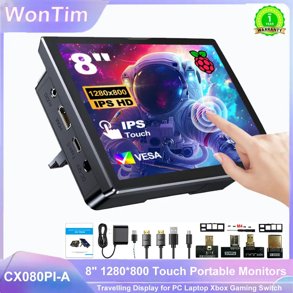8 inch Raspberry Pi 5 4 Monitor LCD Dispaly 1280x800 16:10 Touch Screen HDMI USB for DIY Pi 4 3 Built in Fans Speaker For Gaming