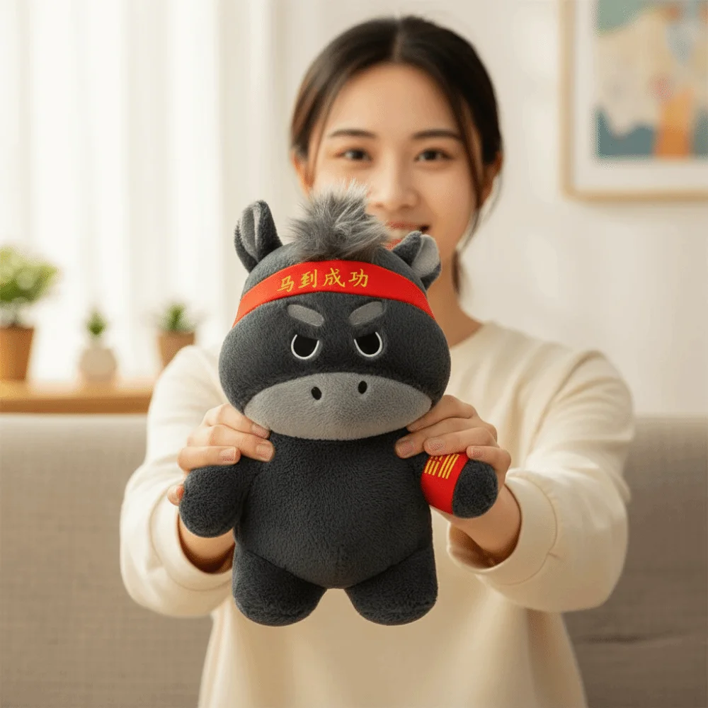 

Черная плюшевая фигурка лошади-талисмана в стиле кавай, креативный дизайн, милый зодиакальный пони, талисман удачи