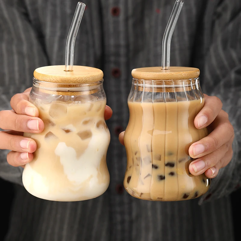 1/2pcs 500ml Glass Tumblers Cups With Straw Mason Jar Clear Juice Coffee Milk Cup With Bamboo Lids Drinkware Stripe Beer Mug