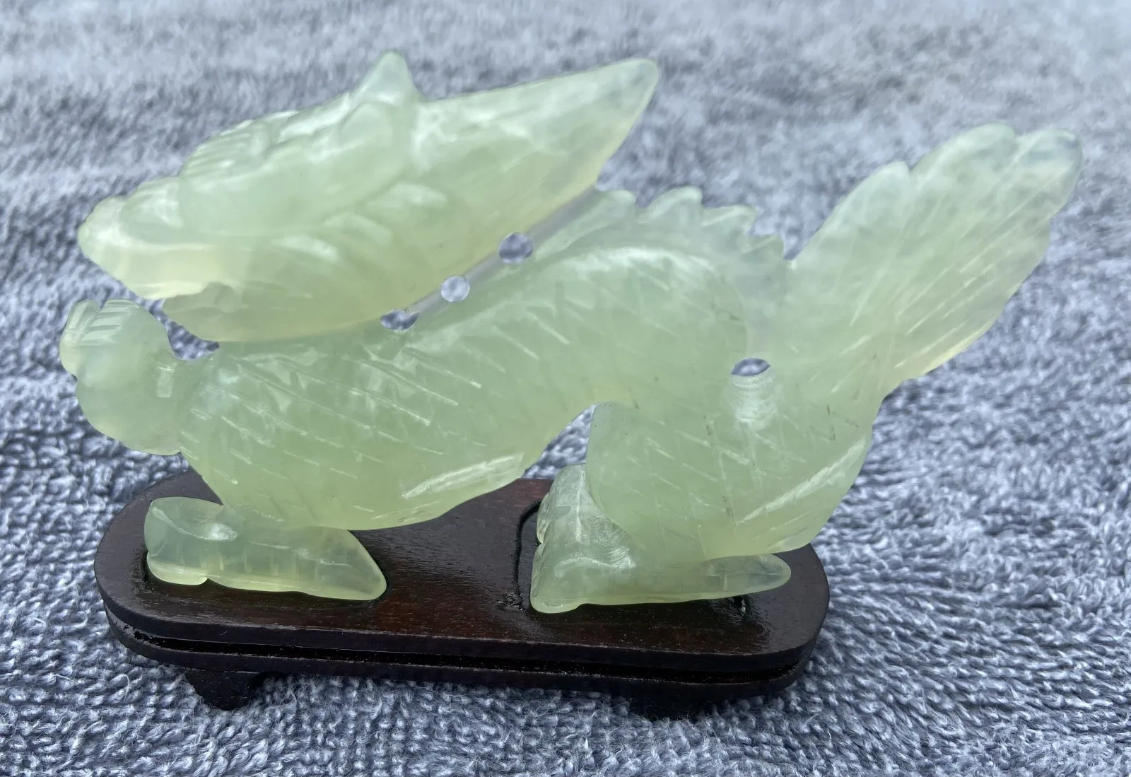 

Vintage Jade Jadeite Quartz Carved Chinese Dragon w/ Wooden Base 3 1/4 Inches