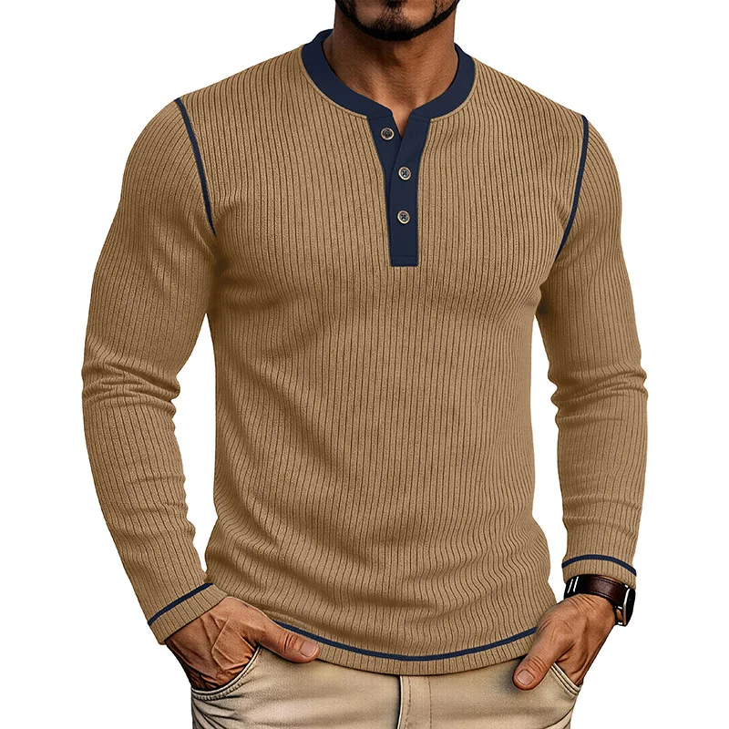 2026 Autumn and Winter New Long-sleeved Color Matching Men's Sweater Henry Collar Bottoming Shirt
