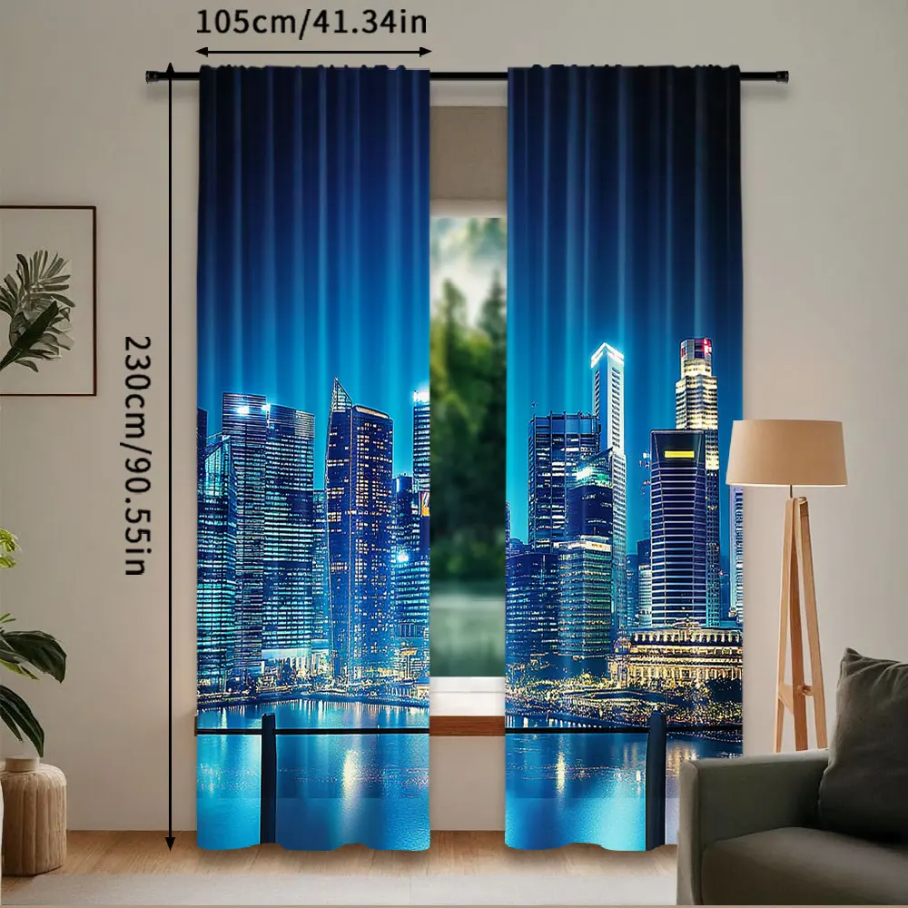 2Pcs Cityscape Curtain Big City Night Panorama From A Balcony With Skyscrapers For Bedroom Living Room And Dining Room A