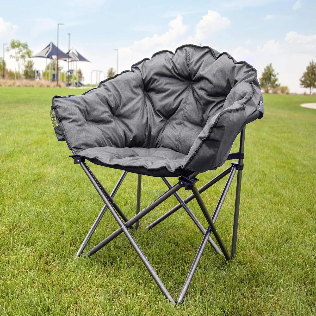 C932S-129 Padded Cushion Outdoor Folding Lounge Patio Club Chair, Gray