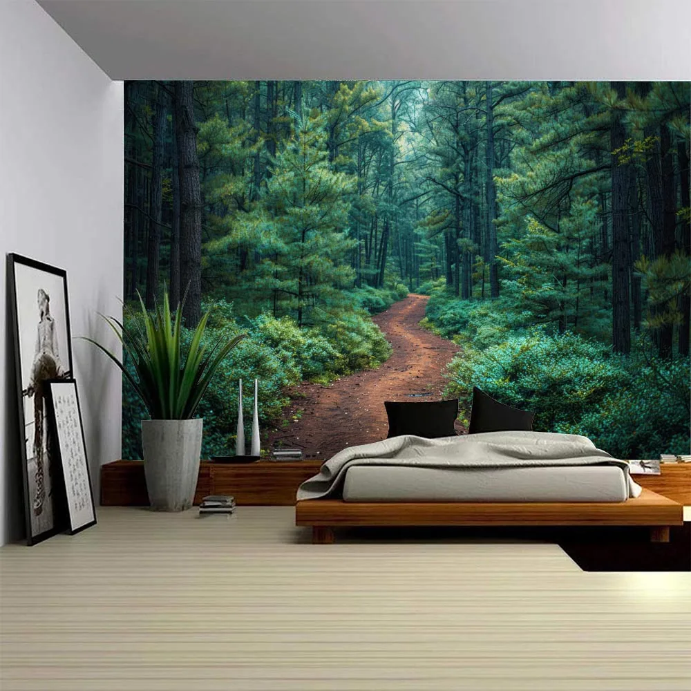 Natural forest tapestry, jungle path, sunny living room wall hanging, bedroom aesthetic, lush green forest landscape background