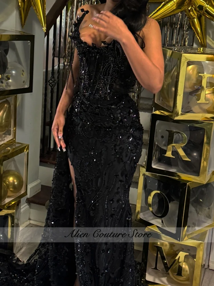 Glitter Black Gems Long Prom Dresses 2026 Blackgirl Aso Ebi Beaded Slit Diamonds Evening Gowns Birthday Party Dress Customized
