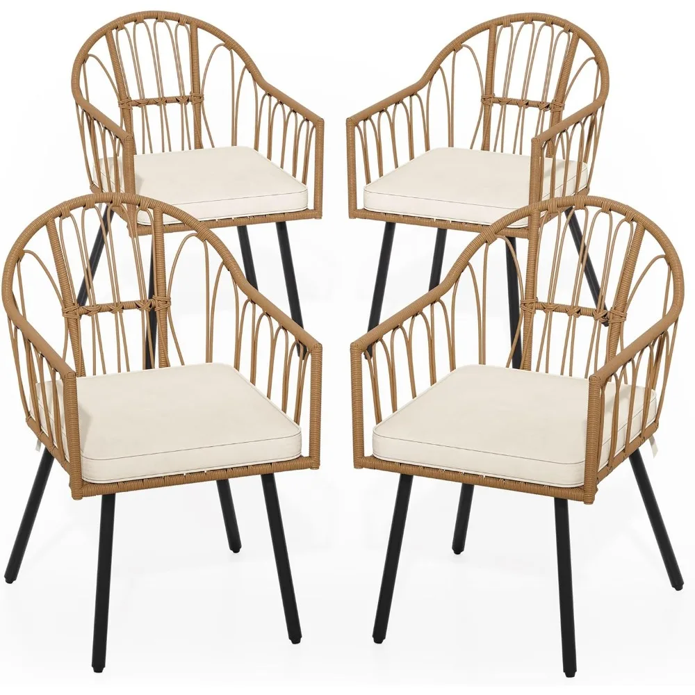 

4 Pieces Rattan Wicker Dinning Chairs, Outdoor Indoor Patio Furniture Set with Cushion and Curved Back All Weather Bistro Chair