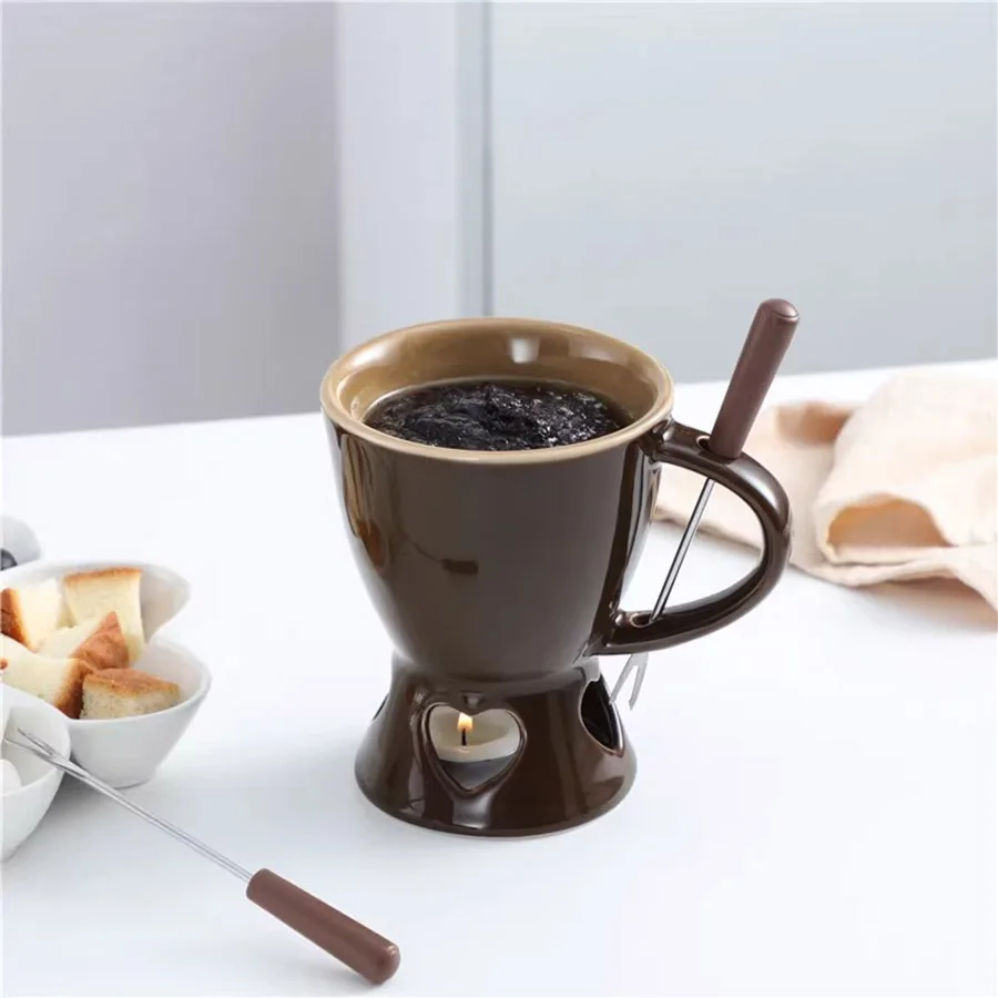 

Chocolate Fondue Mug Set Relief Design Mini Candle Fondue Pot Chocolate Cheese Ice Cream Fondue Melter Cup