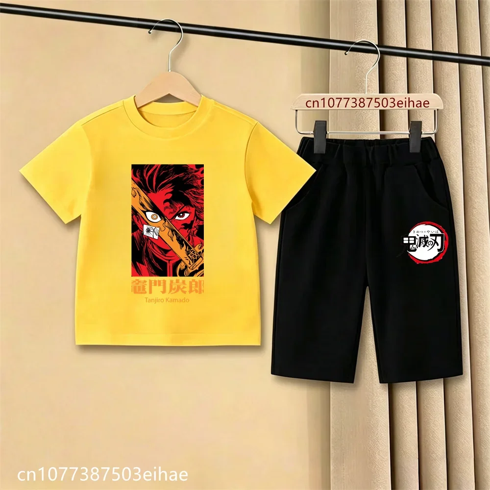 2026 Kids Demon Slayer Comic Print Short Sleeve T Shirt Casual Shorts Ghost Blade Style Summer Casual Daily Playwear Outfit Set