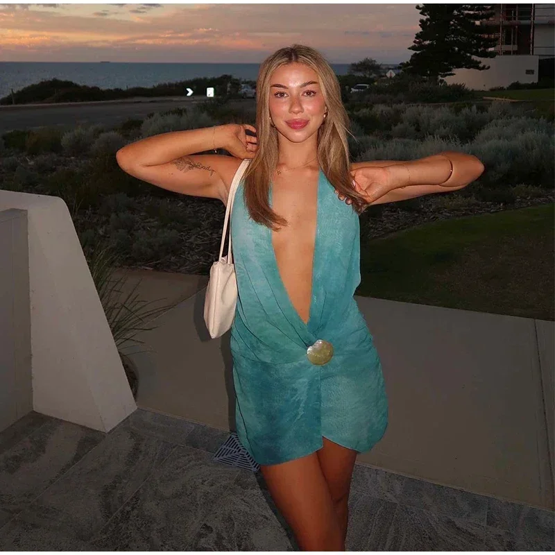 

Sexy Halter Lace Up Mini Dress Women Solid V Neck Sleeveless Backless Party Dresses 2025 Spring Summer Vacation Beach Robes Lady