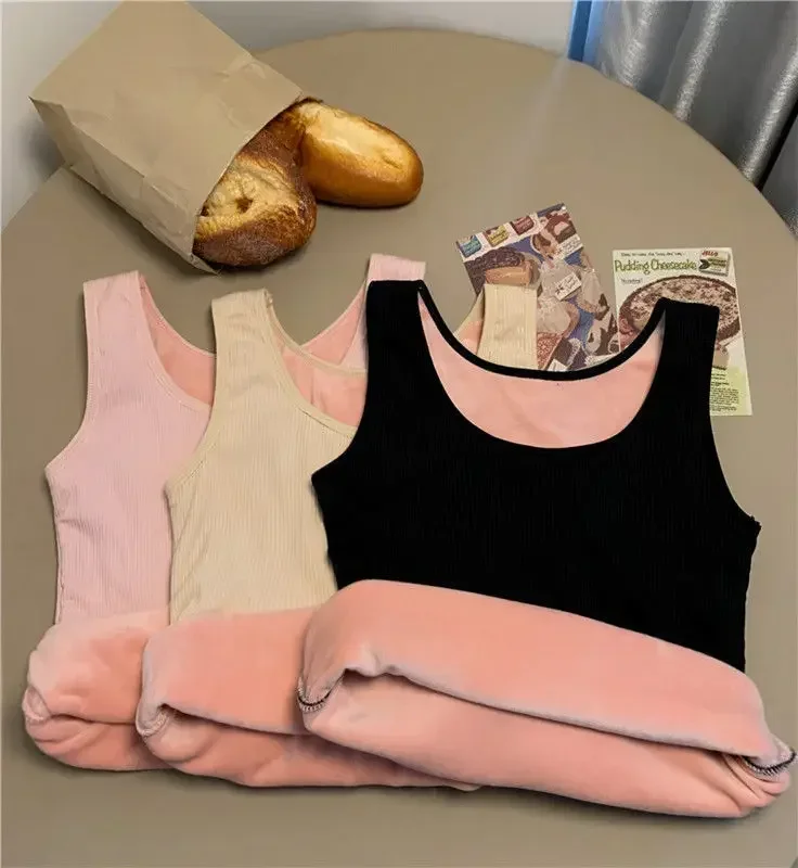 Camiseta térmica de invierno para mujer, sin costuras, con forro de terciopelo, sin mangas, chaleco cálido, camiseta interior para mujer, de color liso, lencería sexy.