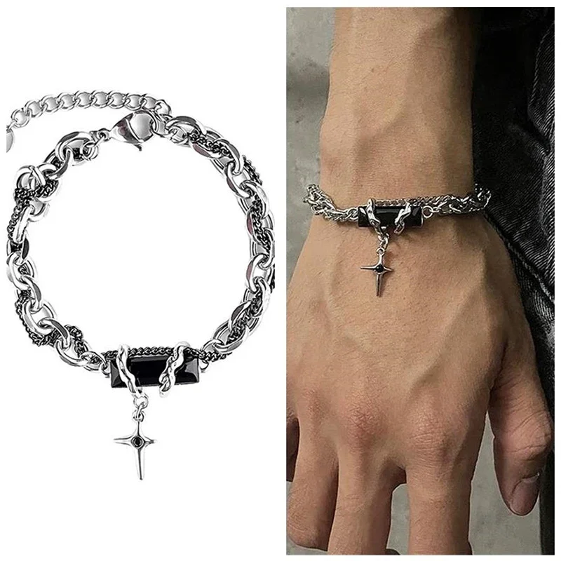 2024 retro preto zircão estrela pulseira para mulheres homens tendência titânio aço punk corrente unisex jóias novos acessórios de casal