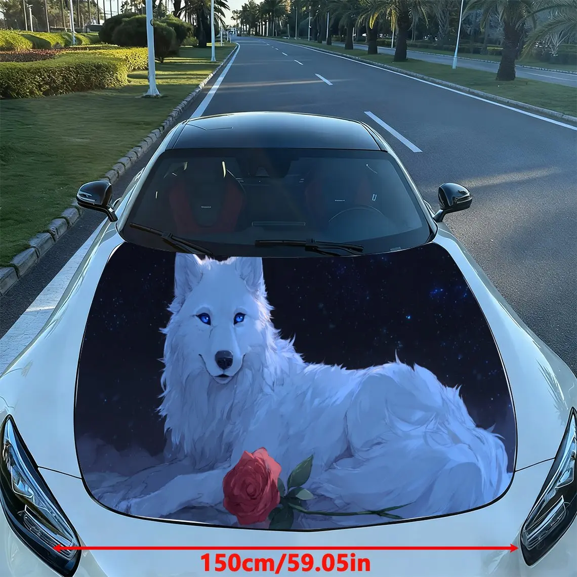 Starry White Wolf Red Rose Fantasy PVC Car Hood Wraps, Self-Adhesive Waterproof Car Bonnet Decal Sticker, Car Decoration Protect