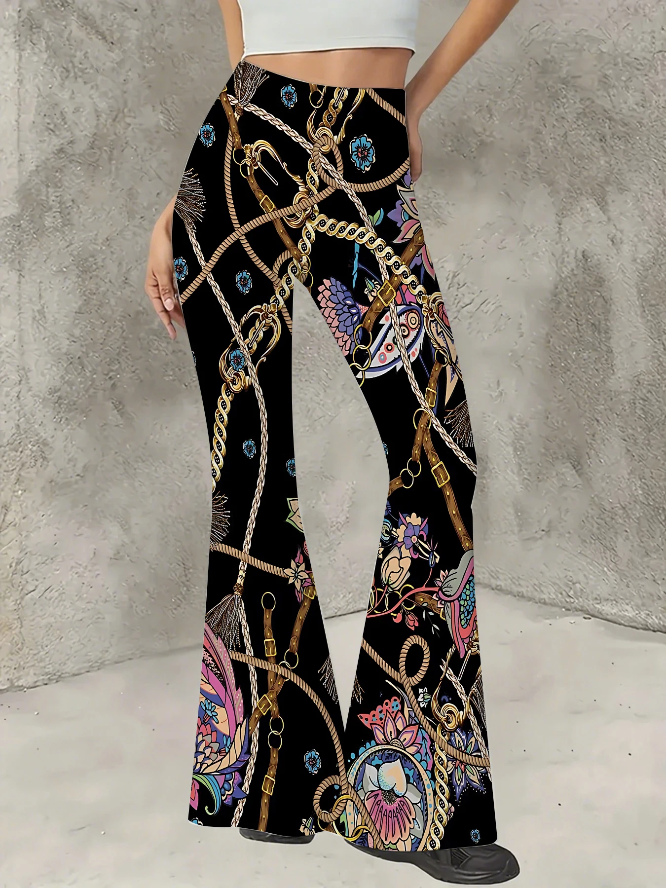 

Women's Striped Print Flare Pants Loose Fit Knit Wide Leg Bell Bottom Trousers