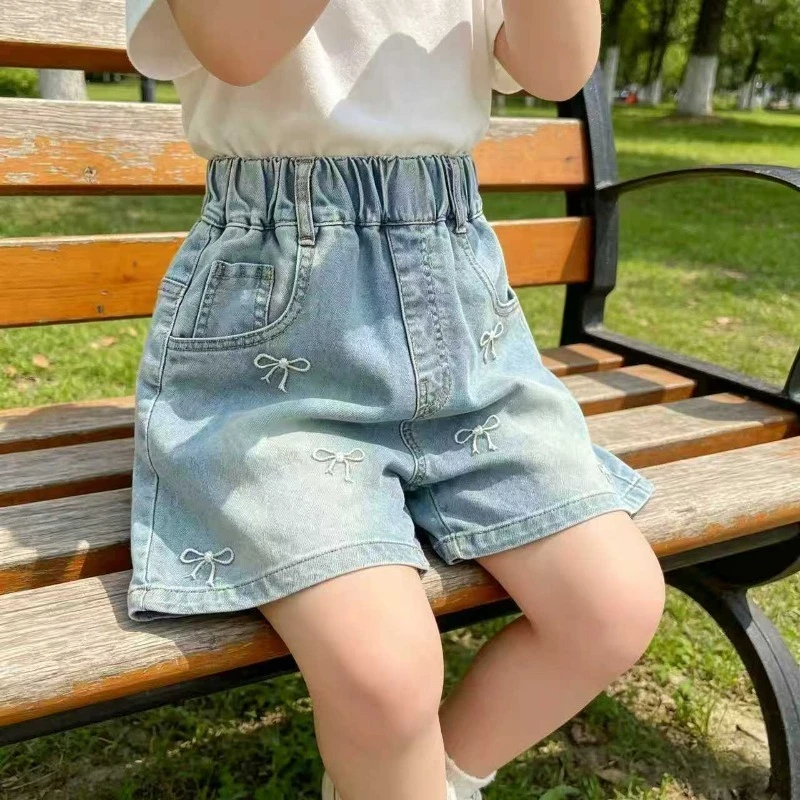 2-10 Years Girls Denim Shorts Summer New Item Embroidery Bow Fashion Mid To Large  Jeans Children Korean Version Casual Shorts